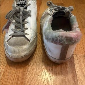 Golden Goose white leather low-top sneakers with pastel fuzzy collar